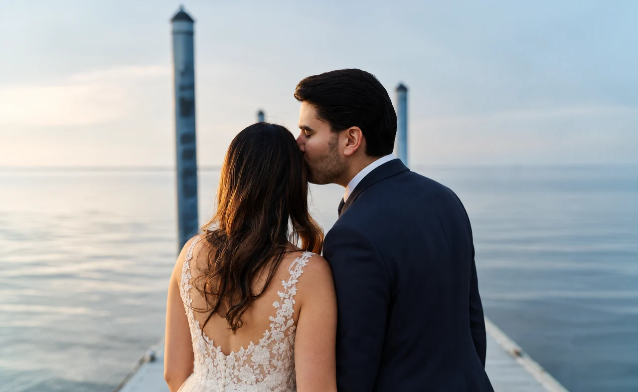 Groom kisses bride on the forehead beside calm water and dock pilings.